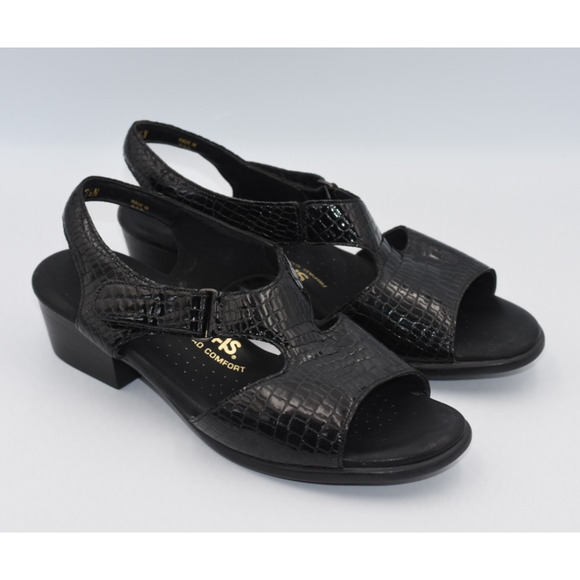 SAS Suntimer Tripad Comfort Croc Print Sandals Women's 7.5 N Black Kitten Heel - Picture 1 of 9